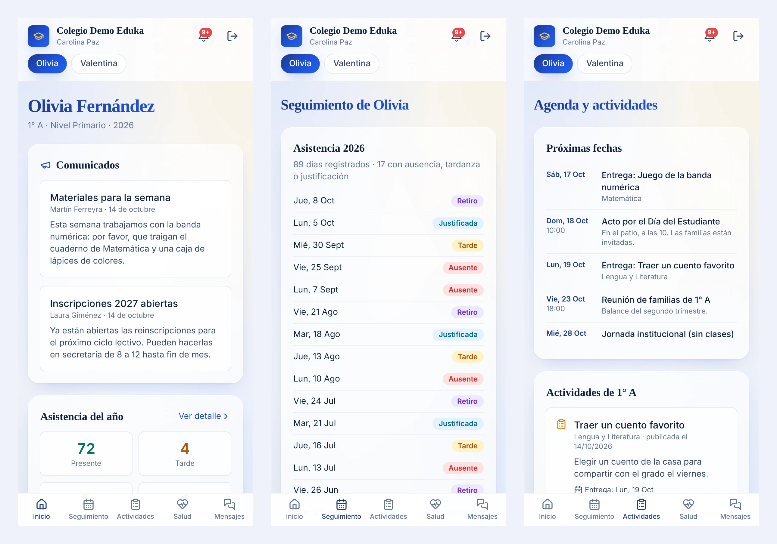 Portal de familias de Eduka en el celular: inicio, seguimiento y agenda